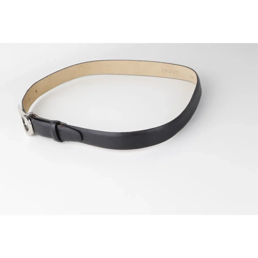 Vintage DKNY Black Genuine Leather Belt Brushed Silver D-Ring Horseshoe Buckle S